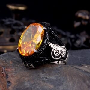 925 Ayar Gümüş Sarı Zirkon Taşlı Tuğra Model Yüzük