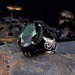 925 Ayar Gümüş Yeşil Renk Zirkon Taşlı Tuğra Model Yüzük
