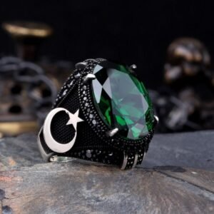 925 Ayar Gümüş Yeşil Renk Zirkon Taşlı Ay Yıldız Yüzük