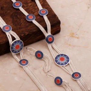 Anadolu Motifli Mineli Hasır Elişi Tasarım Gümüş Set