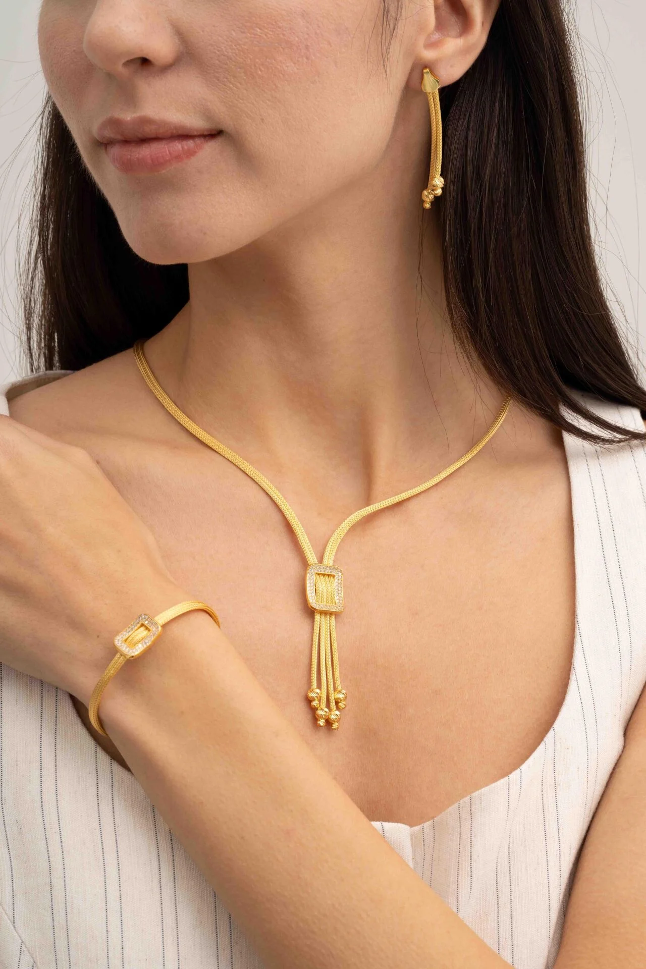 Hasır Dorika Altın Kaplama Elişi 925 Ayar Gümüş Set