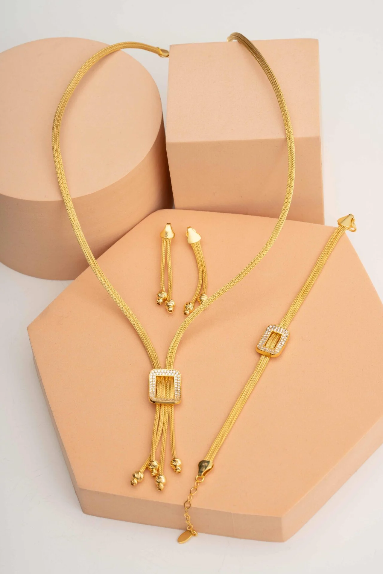 Hasır Dorika Altın Kaplama Elişi 925 Ayar Gümüş Set - Görsel 3