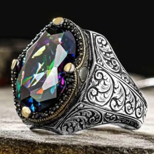 Mavi Mistik Topaz Taşlı Kalem Motifli Gümüş Erkek Yüzük