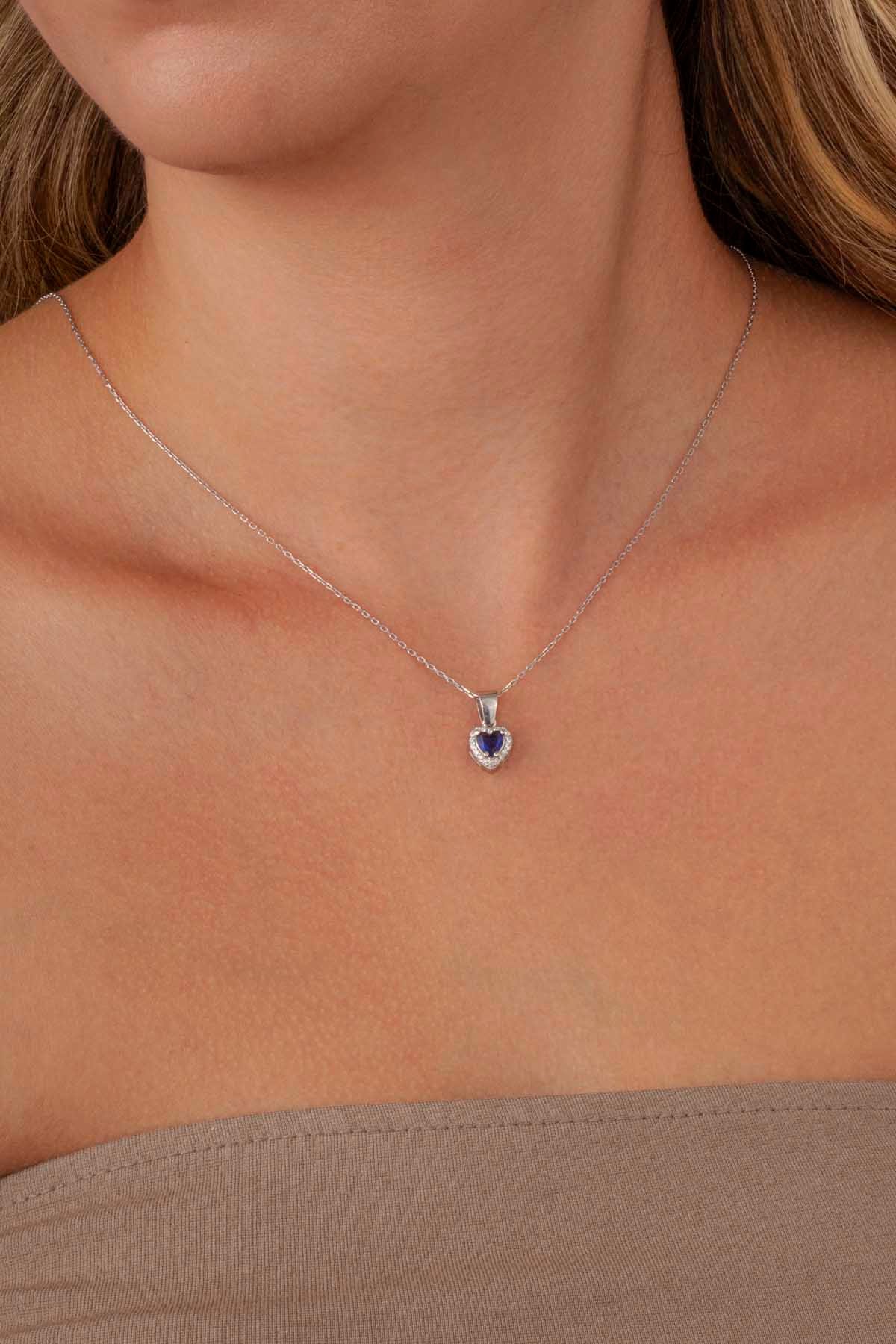 Safir Taşlı Kalpli Tek Taş Gümüş Kolye - Görsel 2