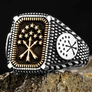 Çerkes Bayrağı Gold Motifli Gümüş Yüzük