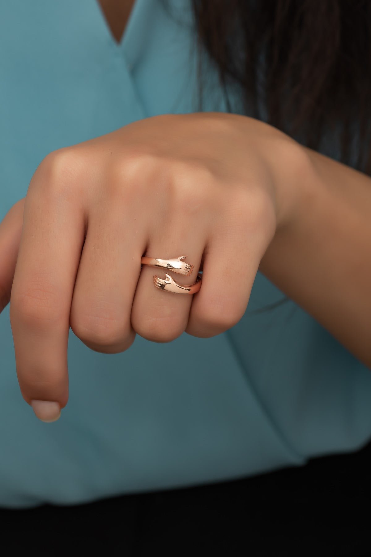 925 Ayar Ayarlanabilir Rose Sarılan Eller Gümüş Yüzük