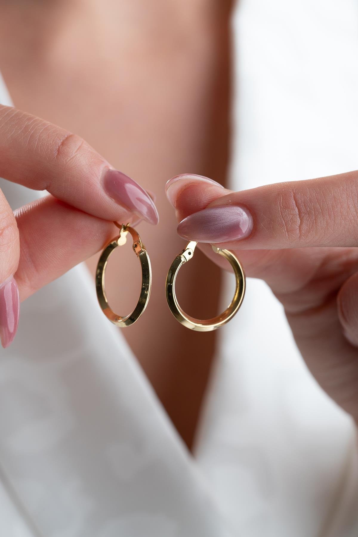 925 Ayar Gümüş Gold Halka Model Şarnel Küpe - Görsel 3