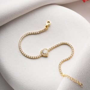 925 Ayar Gümüş Gold Kaplama Beyaz Taşlı Kalp 2 mm Zirkon Taşlı Suyolu Bileklik