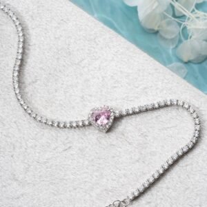 925 Ayar Gümüş Rodyum Kaplama Pembe Taşlı Kalp 2 mm Zirkon Taşlı Suyolu Bileklik