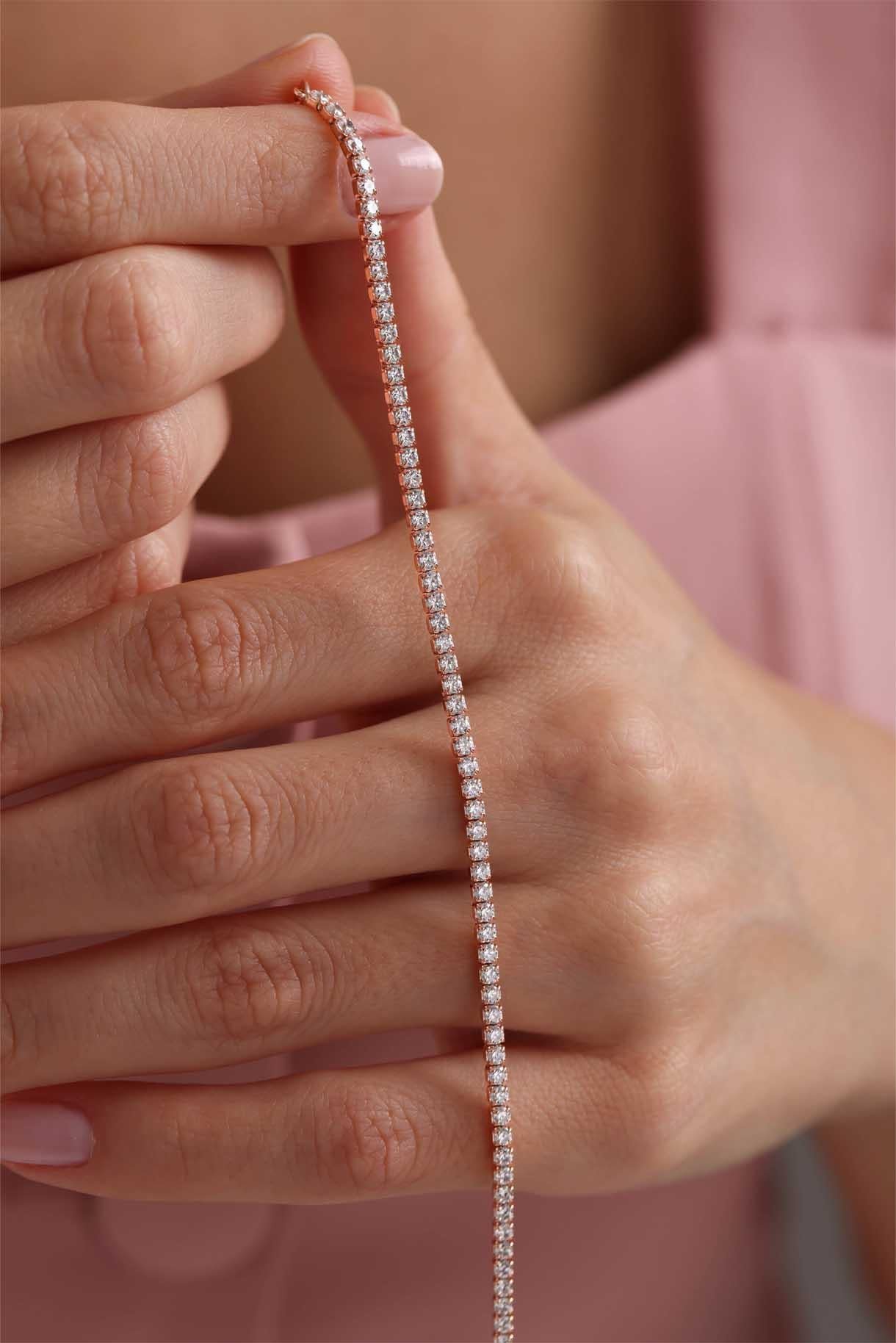 925 Ayar Gümüş Rose Kaplama 2 mm Zirkon Taşlı Suyolu Bileklik - Görsel 2