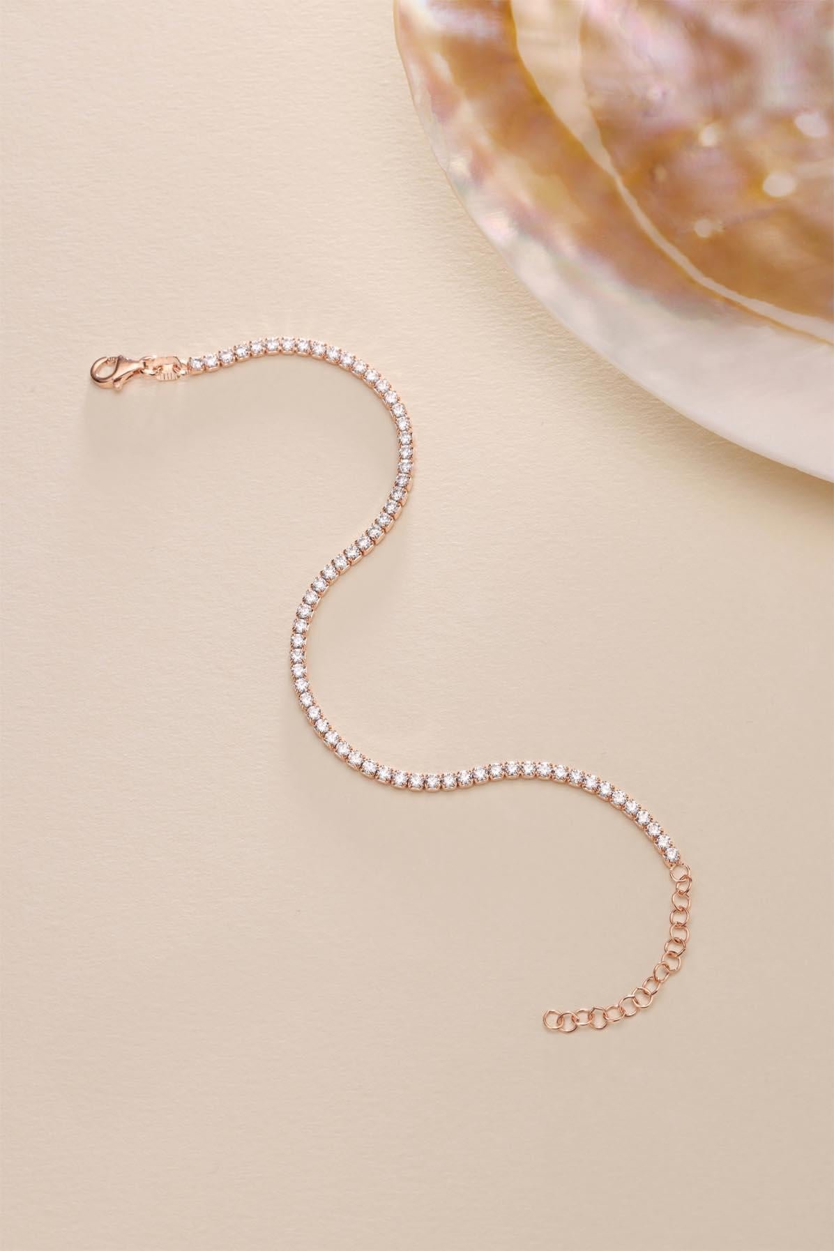 925 Ayar Gümüş Rose Kaplama 2 mm Zirkon Taşlı Suyolu Bileklik