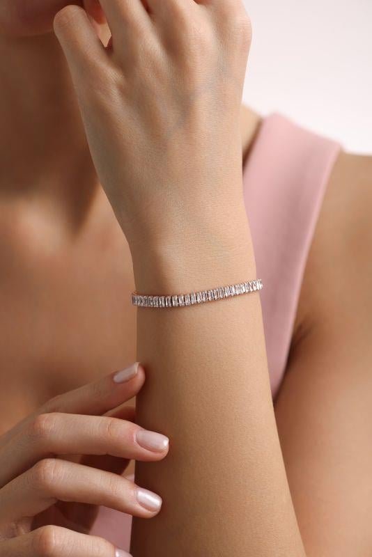 925 Ayar Gümüş Rose Kaplama Baget Taşlı Suyolu Model Bileklik - Görsel 2